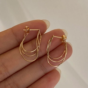 Elegant gold-plated metal tassel stud earrings with three-layer snake chain fringe design