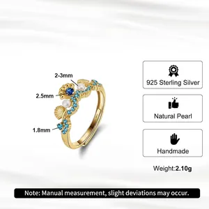 Elegant S925 sterling silver open ring with freshwater pearls and blue seashell zircon stones