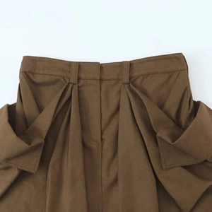 Women's dark brown cargo skirt with high-waist double pleats and side flap pocket