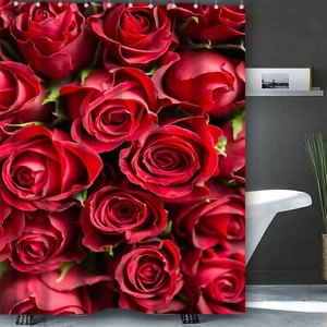 Detailed close-up of waterproof polyester shower curtain featuring vibrant red roses pattern