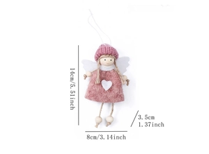 Detailed view of handmade pink knit angel ornament with size 14x8cm measurements