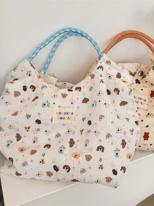 Simpatiche borse tote con motivi a cucciolo in bianco e beige con manici in corda