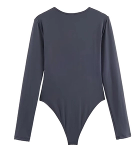 Detailed flat lay of dark grey long sleeve bodysuit with high-cut design and round neck