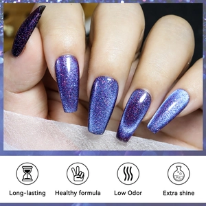 Macro shot of shimmering purple cat-eye nail polish with a sparkling gradient effect