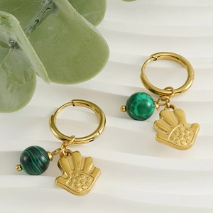 Boucles d'oreilles en acier inoxydable doré 18k avec pendentif main et malachite verte