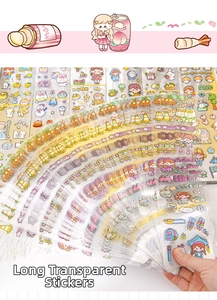 Macro shot of assorted colorful transparent cartoon stickers for scrapbooking and DIY crafts