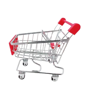 Miniature red and silver metal shopping cart model for kids play and desk storage
