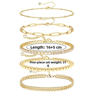 5-piece gold titanium steel bracelet set featuring paperclip, Cuban and tennis link chains