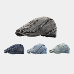 Vintage Washed Denim Flat Cap Distressed Hole Letter Embroidery Retro Ivy Hat Adjustable Casual Beret