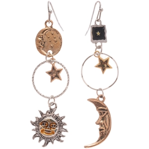 Orecchini pendenti asimmetrici vintage sole e luna con stelle in finitura oro e argento