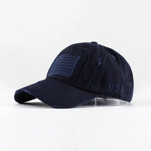 Washed vintage navy baseball cap with American flag embroidery and USA side lettering
