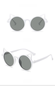 Detailed views of white cat-ear sunglasses for kids with grey lenses from various angles