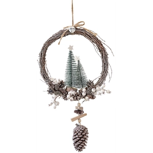 Nordic vintage Christmas wreath featuring twin mini trees and a large natural pinecone