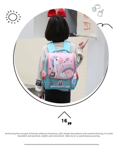 Detail of blue and pink unicorn school bag with wide shoulder straps for children