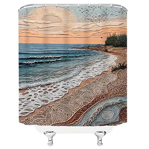 Abstract beach sunset shower curtain with textured sea waves and waterproof fabric