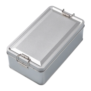 Silver rectangular metal storage box with mechanical side latches and a matte finish