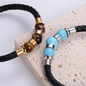 Men's braided leather bracelet with natural tiger eye and turquoise beads on stone