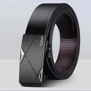 Detailed view of black leather belt featuring a geometric alloy automatic buckle with engraving