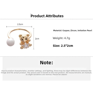 Detailed specs of the gold bear ring with pearl and zircon, size 2.5x2cm, weight 4.7g