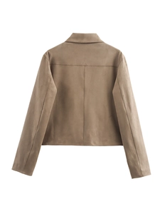 Back view of a cropped dark khaki faux suede jacket with stitching and collar details
