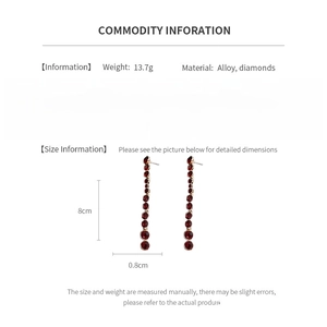 Detailed technical drawing of red diamond fringe earrings with 8cm length and 0.8cm width