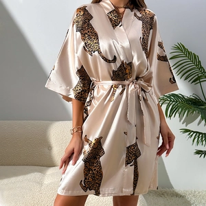 Luxurious champagne leopard print satin bathrobe with belted waist for women
