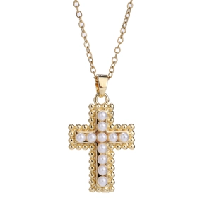 Vintage gold cross pendant necklace with white pearl beads and elegant O-chain
