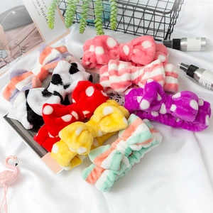 Soft coral fleece headband with bow ties in various colors for facial skincare and makeup