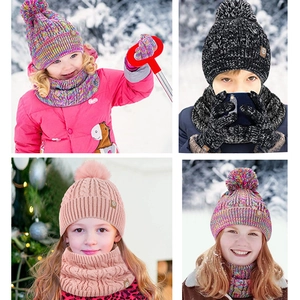 Winter knit set for kids featuring pom pom hat, scarf and gloves in various colors