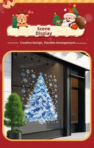 Blue and white Christmas tree static window stickers shown on a glass storefront