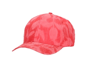 Detail of red baseball cap with vintage pleated texture and adjustable back strap