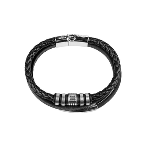 Men's punk black braided leather bracelet with silver magnetic metal clasp on white background