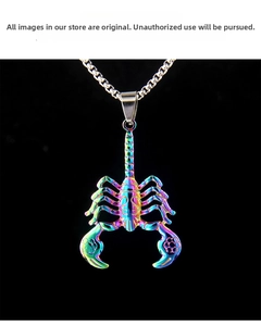 Macro shot of colorful scorpion pendant with electroplated rainbow gradient finish