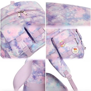 Detail shots of purple tie-dye backpack showing zippers, fabric, and straps