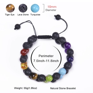 Double-layer 10mm lava rock and turquoise beaded bracelet with adjustable woven cord