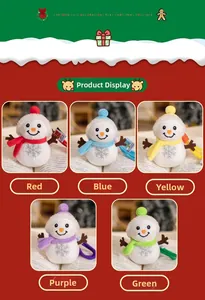 Detailed set of five plush snowman keychains in red, blue, yellow, purple, and green colors