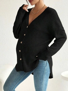 Long sleeve maternity cardigan in black knit with V-neck and button front detail