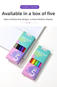 Detailed view of 5-piece macaron candy color retractable gel pens in window box packaging
