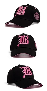 Three-angle views showing pink 3D letter B embroidery on a black cotton baseball cap