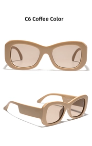 Detail view of coffee thick-frame sunglasses showing temple specs and sturdy construction