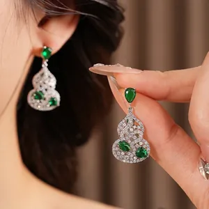 New Chinese style gourd earrings with green zircon and pearls on a silver metal base