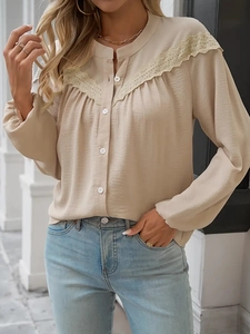 Elegant beige long sleeve blouse with lace splicing and ruffled texture details