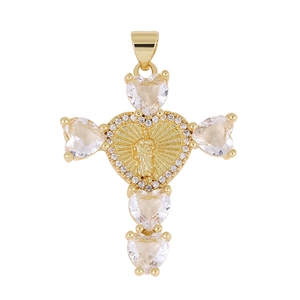 Detail of gold cross pendant with heart-shaped zircons and religious figure relief