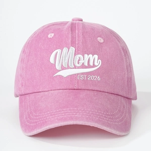 Vintage washed cotton pink baseball cap with Mom EST 2026 white embroidery decoration