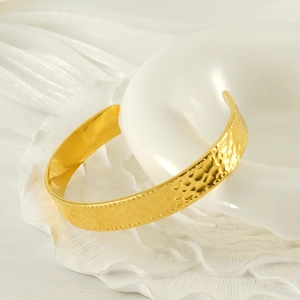 Minimalist gold stainless steel C-shaped cuff bracelet with hammered metal texture