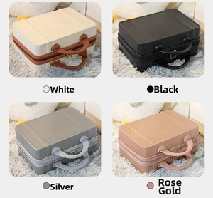 Mini portable cosmetic case shown in white, black, silver, and rose gold hard shell colors