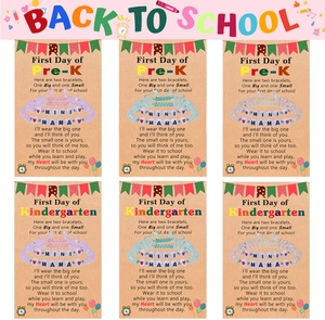 Detailed set of Mama and Mini beaded bracelets on themed back-to-school gift cards