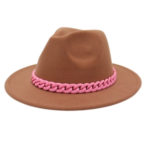 Deep brown fedora hat with a decorative pink acrylic chain band on a white background