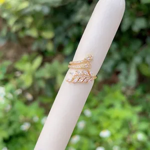 Elegant 18K gold plated adjustable ring with zircon leaf design and crystal accents