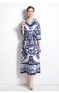 Detail of waist tie and vintage blue floral print on a long-sleeved shirt dress